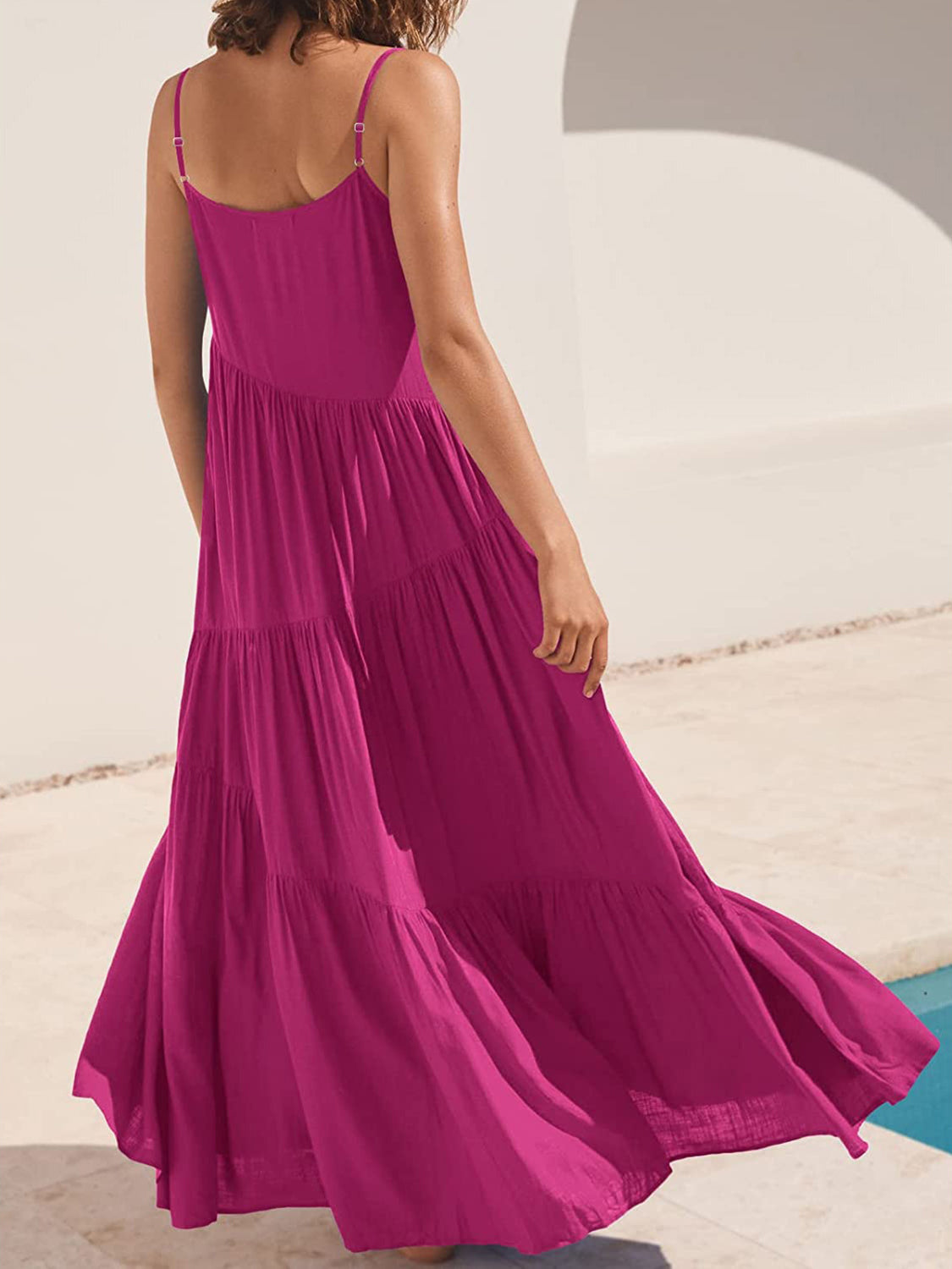 Women’s Spaghetti Strap Ruched Tiered Ruffle Maxi Dress
