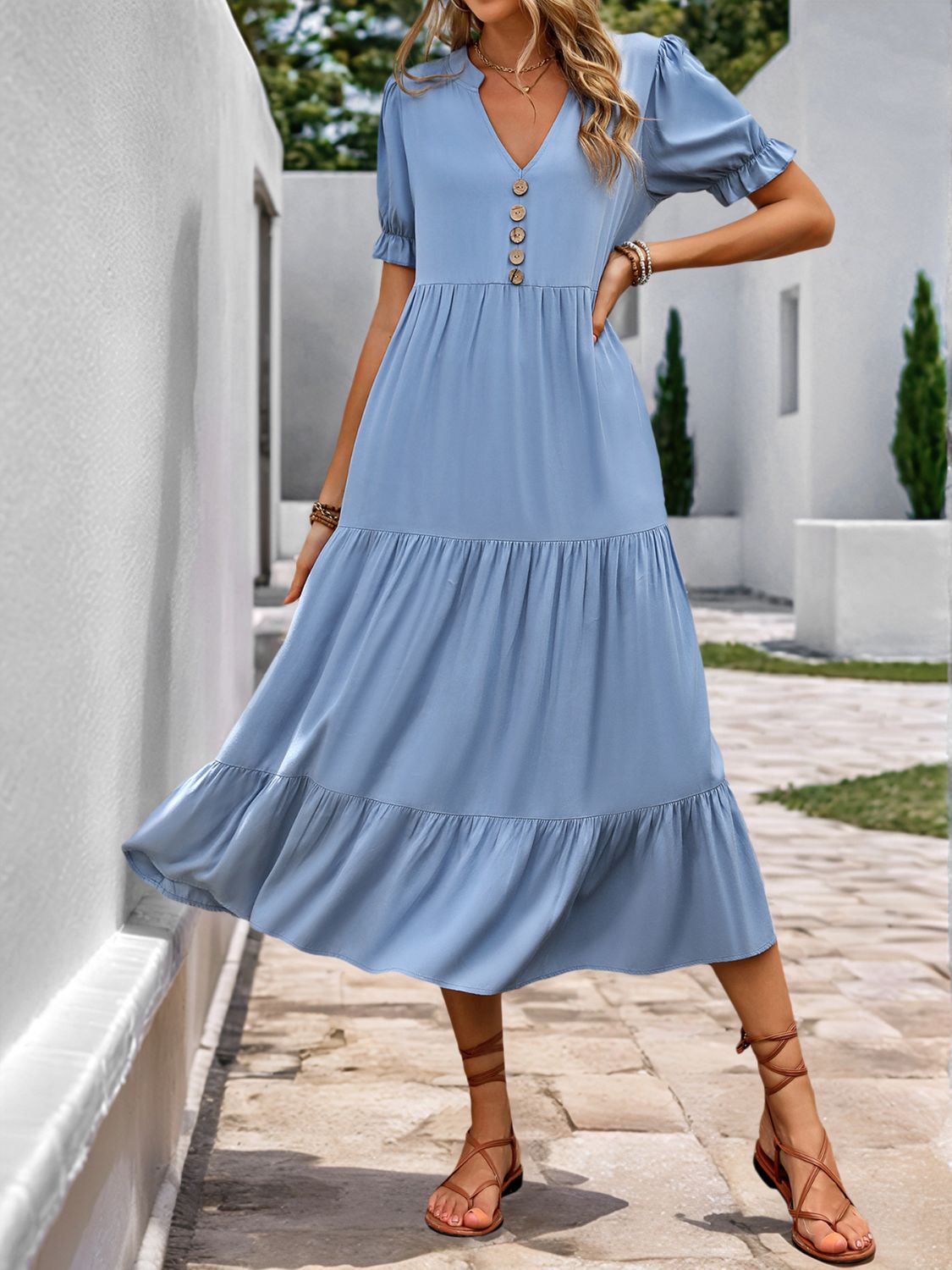 Perfee Decorative Button Notched Short Sleeve Midi Dress - Charming Charlie