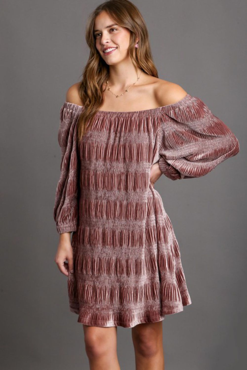Umgee Off-Shoulder Balloon Sleeve Velvet Mini Dress - Charming Charlie
