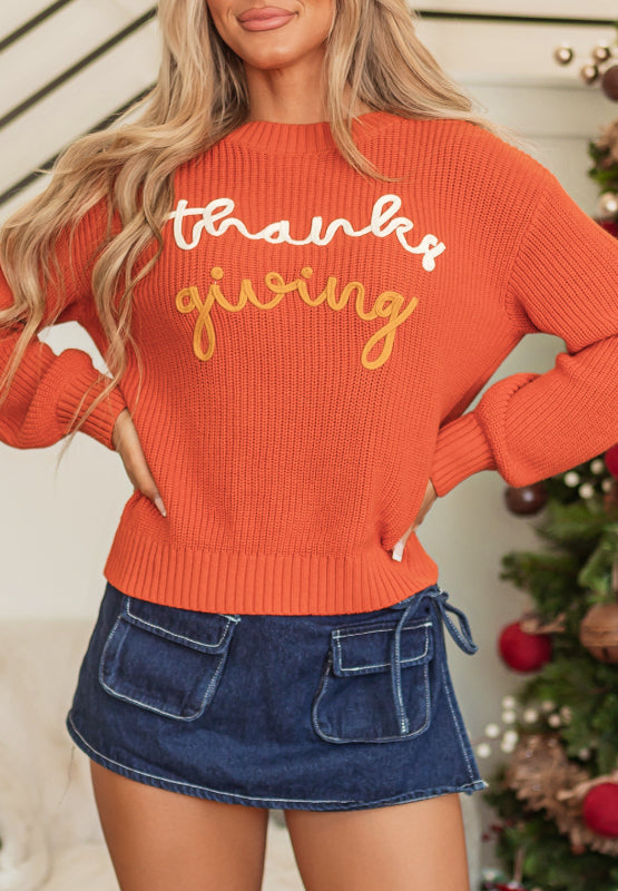 THANKS GIVING Round Neck Long Sleeve Sweater - Charming Charlie