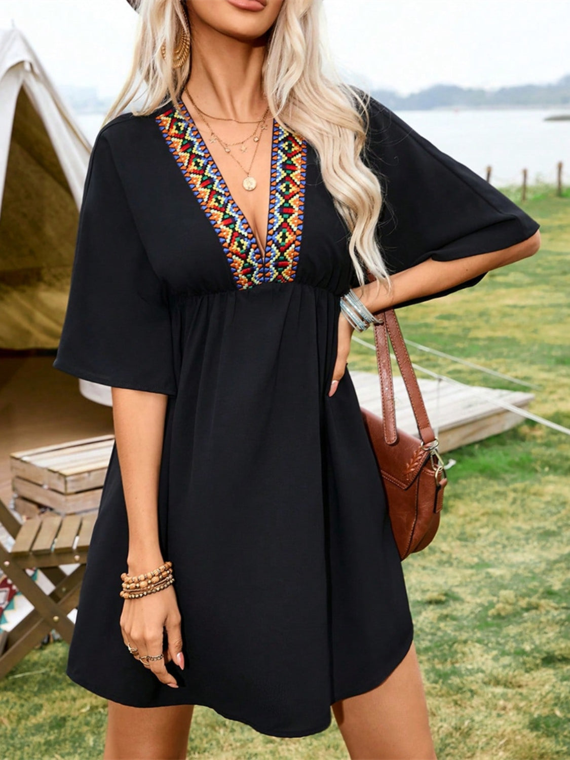 Embroidered Plunge Half Sleeve Mini Dress - Charming Charlie