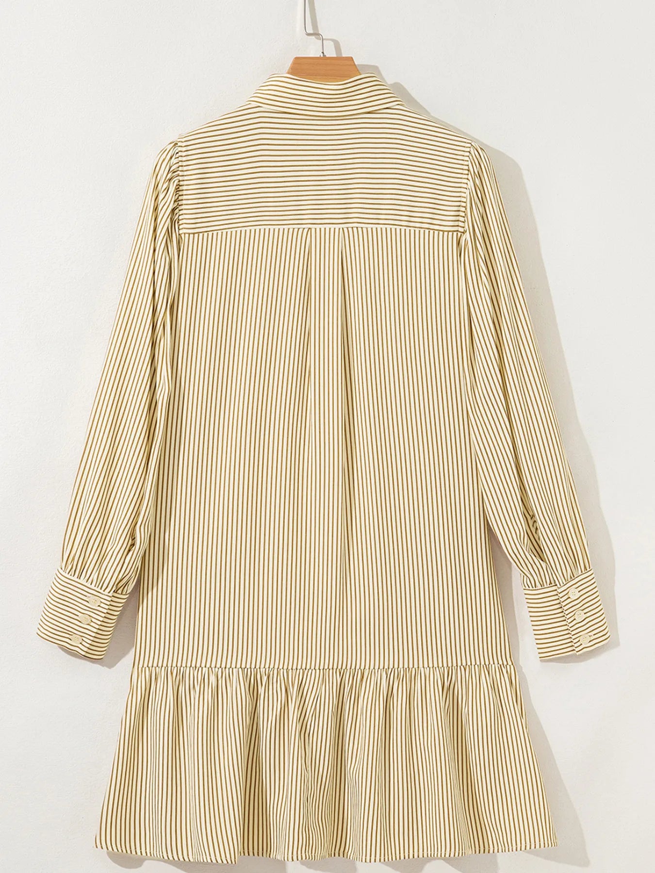 Stripe Collared Neck Cuffed Long Sleeve Drop Waist Mini Dress Pastel Yellow / M