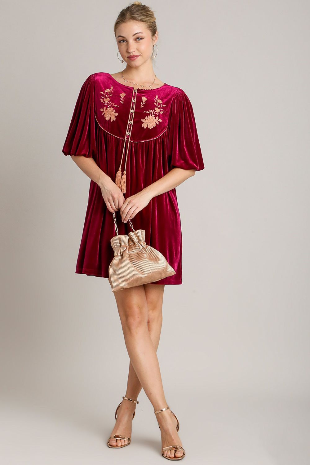 Umgee Embroidered Half Sleeve Velvet Mini Dress with Tassel Charming Charlie Umgee Embroidered Half Sleeve Velvet Mini Dress with Tassel Charming Charlie
