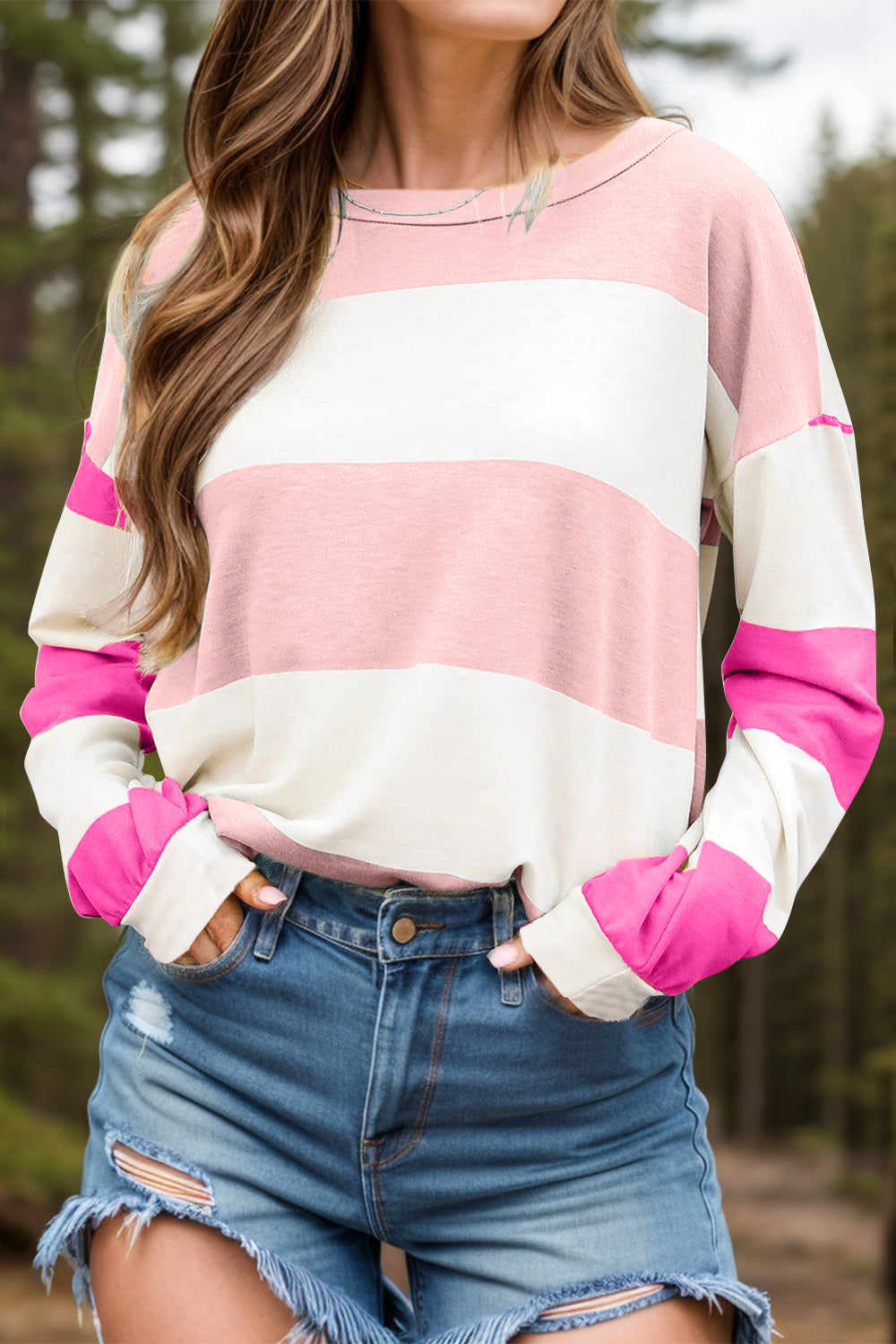 Contrast Color Block Round Neck Long Sleeve Top - Charming Charlie