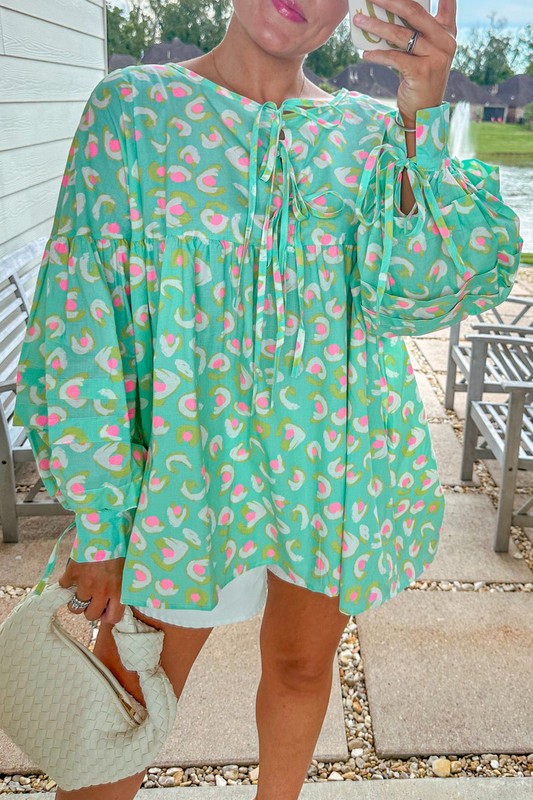Printed Lace-up Lantern Sleeve Babydoll Blouse - Charming Charlie