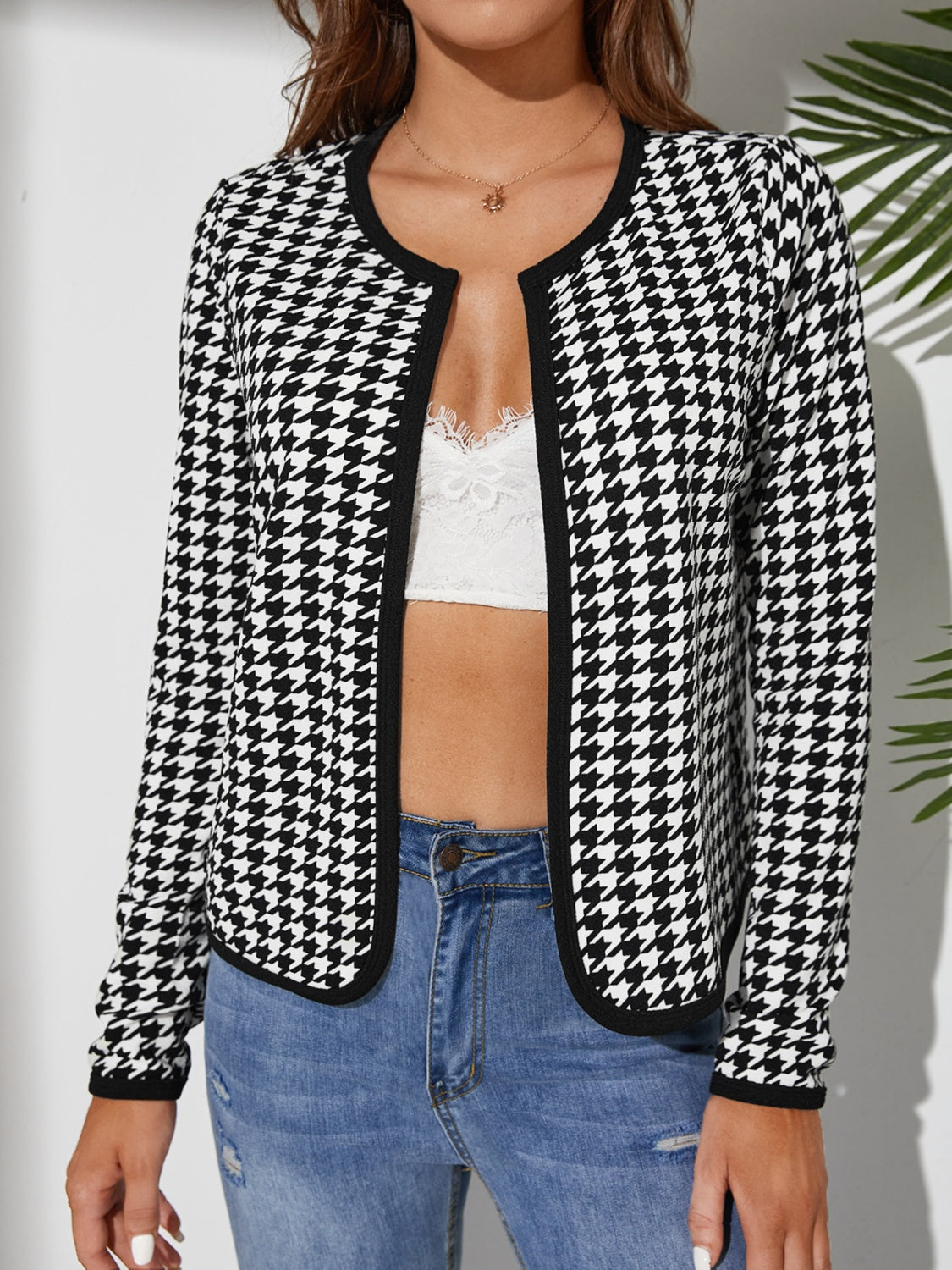 Houndstooth Open Front Long Sleeve Jacket - Charming Charlie