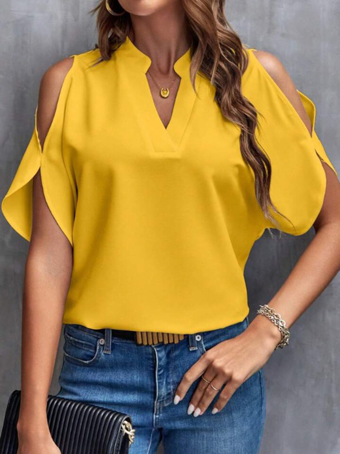 Notched Cold Shoulder Half Sleeve Blouse - Charming Charlie