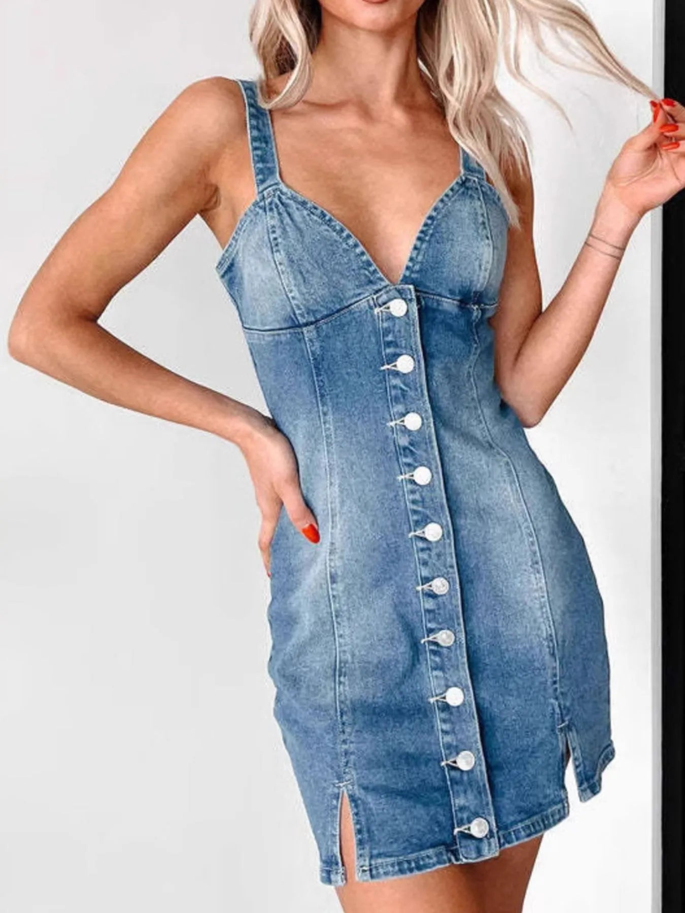 Button Front Sweetheart Neck Denim Mini Dress Medium / S Button Front Sweetheart Neck Denim Mini Dress Medium / S