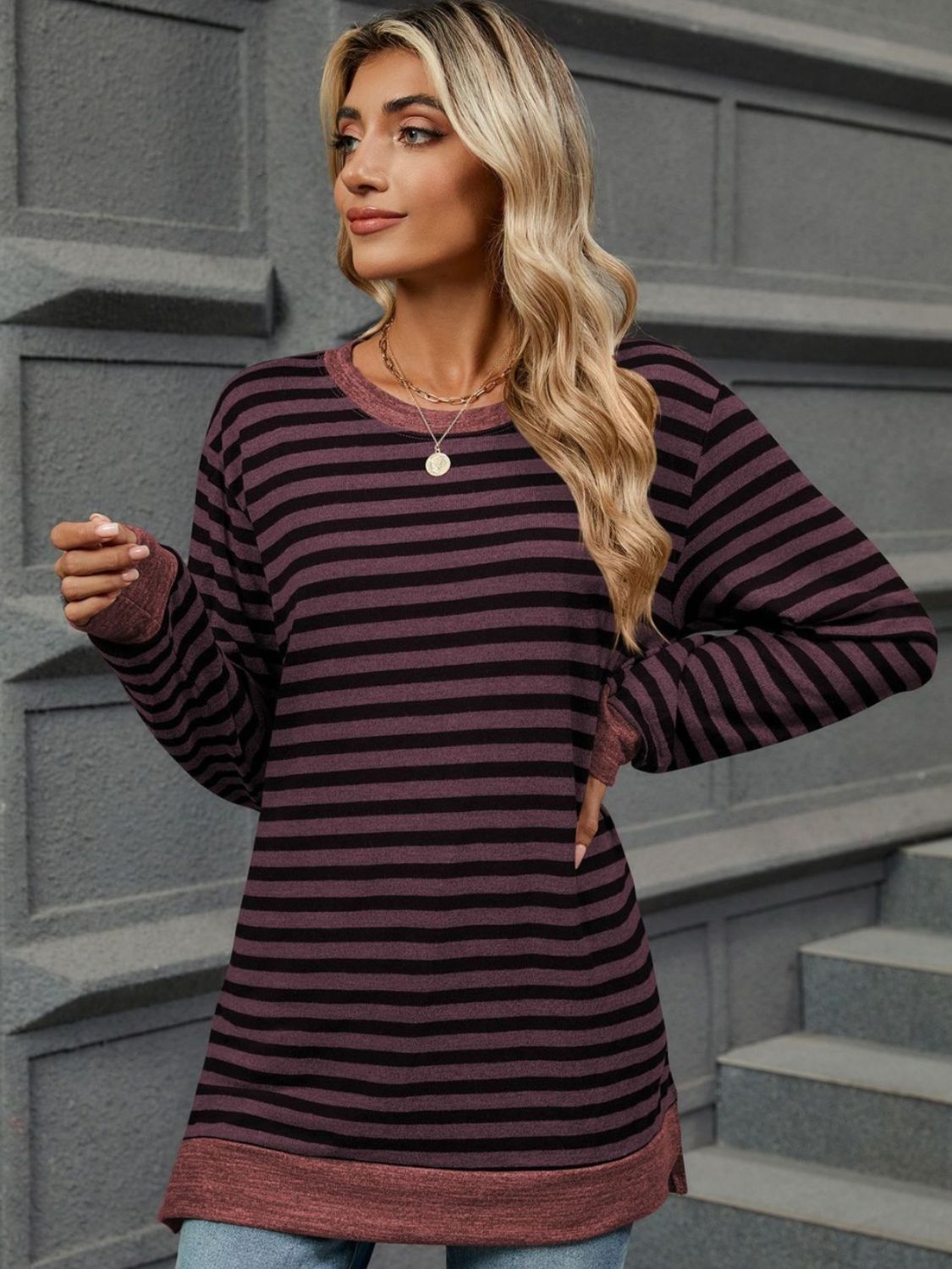 Striped Round Neck Long Sleeve T-Shirt - Charming Charlie