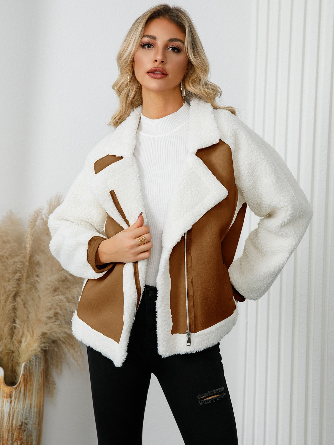 Pocketed Sherpa Zip Up Long Sleeve Jacket - Charming Charlie