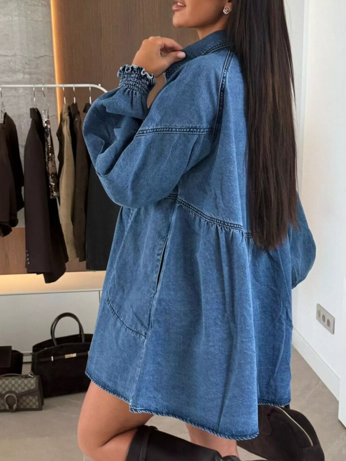 charlie denim mini dress Button Down Mini Denim Dress with Front Pockets Dark Blue / L