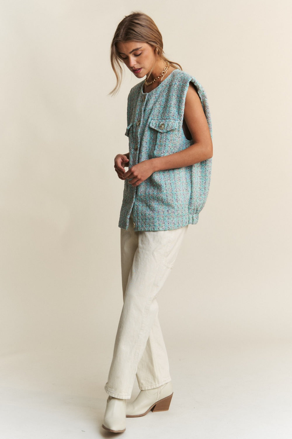 J.NNA Frayed Tweed Padded Shoulder Vest – Charming Charlie