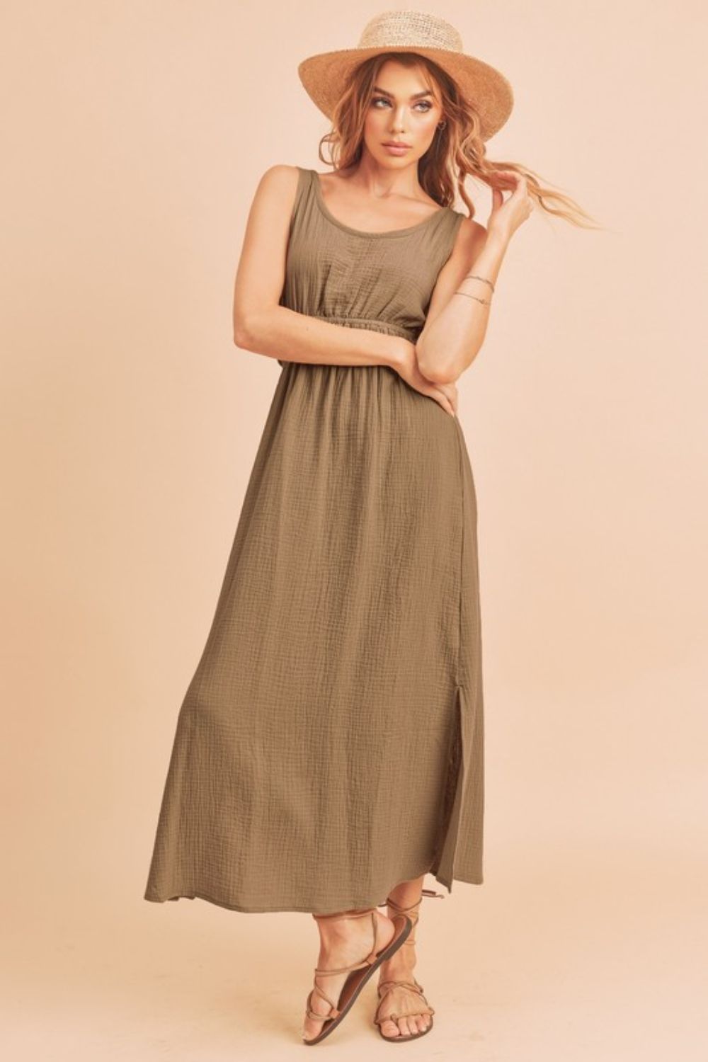 Aemi + Co Side Slit Round Neck Sleeveless Tank Dress Taupe / S Aemi + Co Side Slit Round Neck Sleeveless Tank Dress Taupe / S