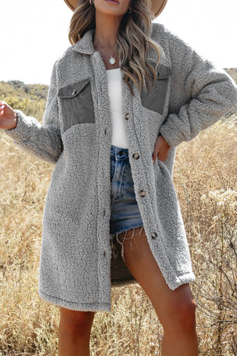 Collared Neck Long Sleeve Longline Teddy Jacket main image 0