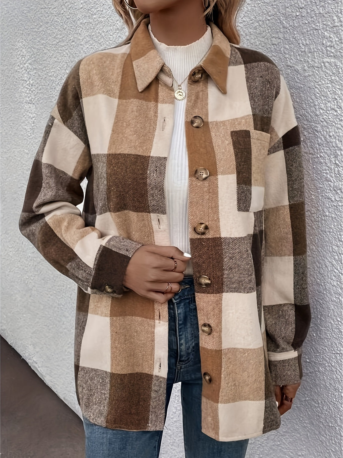 Curved Hem Plaid Collared Neck Shacket - Charming Charlie