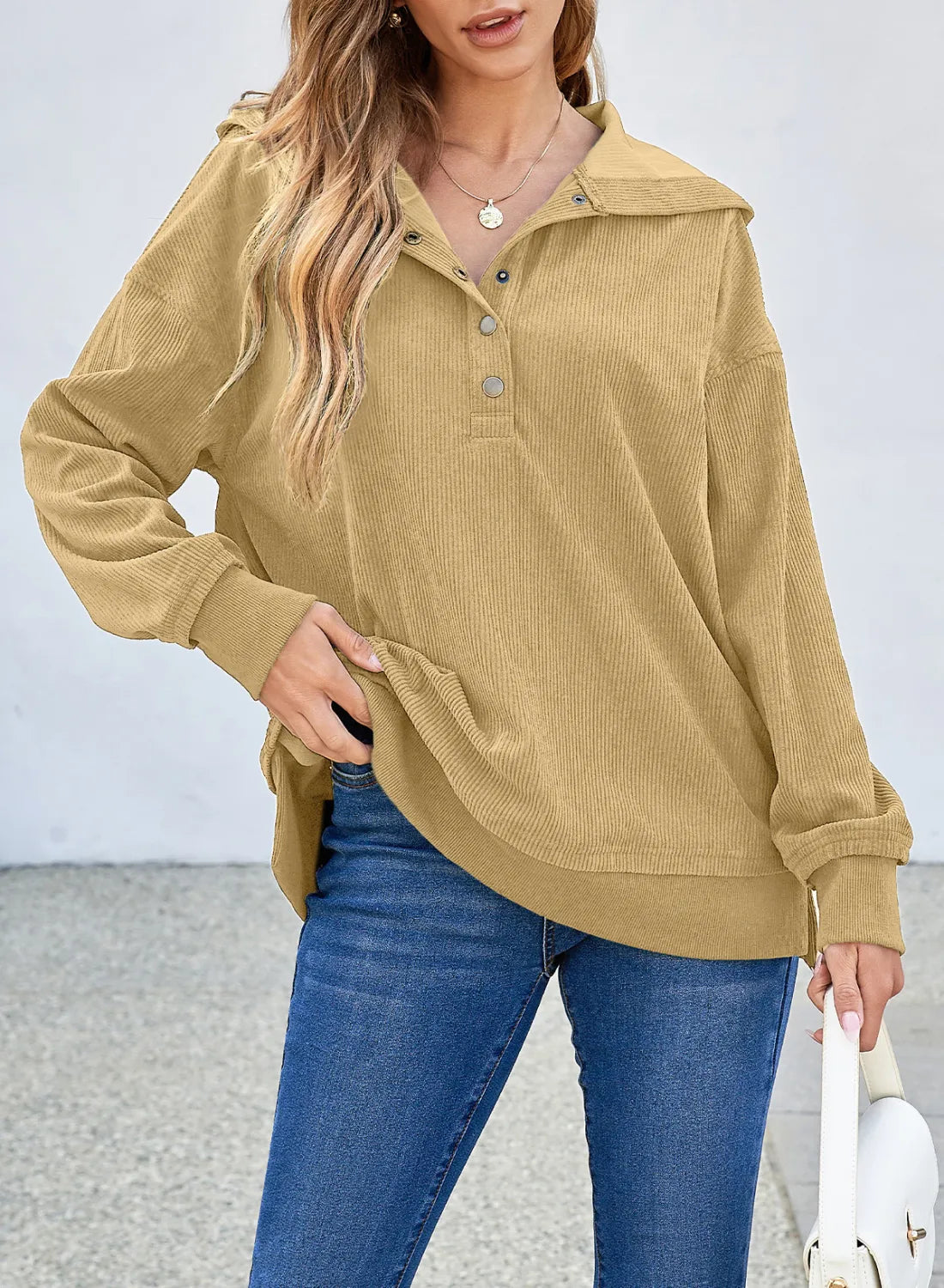 Half Snap Long Sleeve Dropped Shoulder Hoodie - Charming Charlie