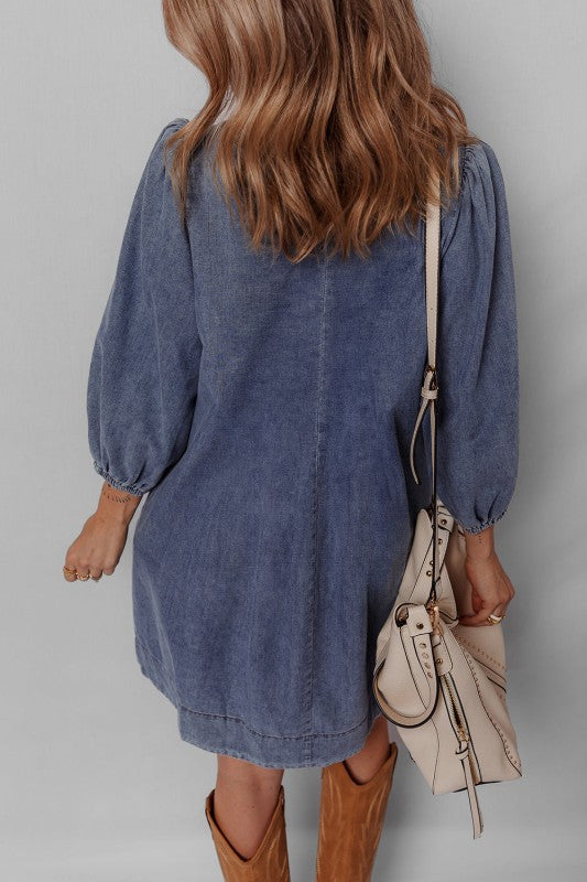 Denim 3/4 Sleeve Tied V-Neck Pleated Mini Dress Charming Charlie Denim 3/4 Sleeve Tied V-Neck Pleated Mini Dress Charming Charlie