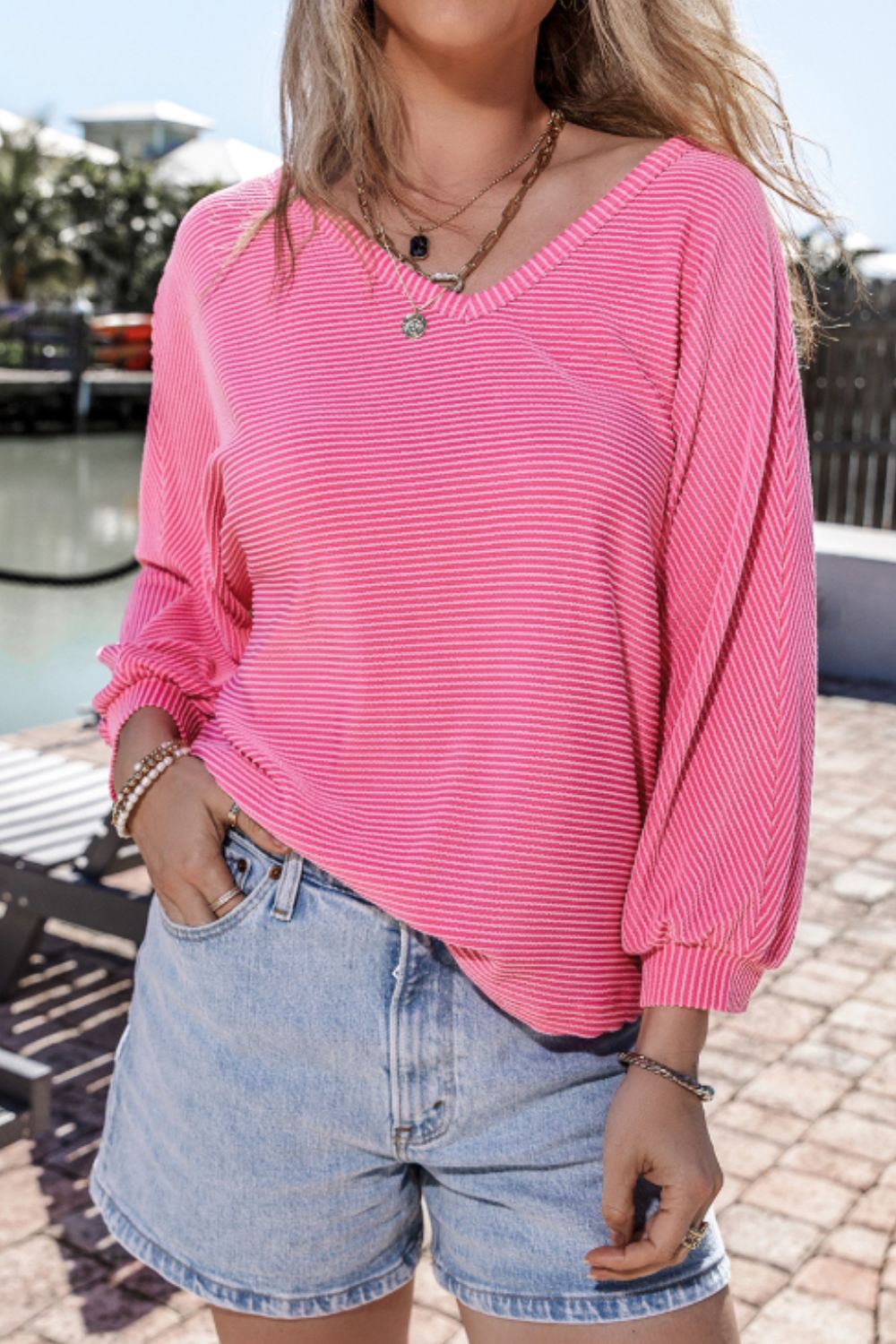 Texture V-Neck Long Sleeve Top - Charming Charlie