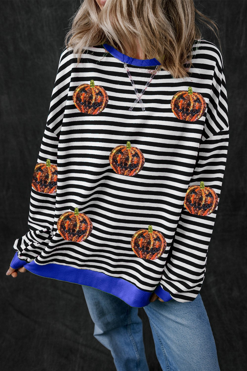 Pumpkin Striped Round Neck Long Sleeve Sweatshirt - Charming Charlie