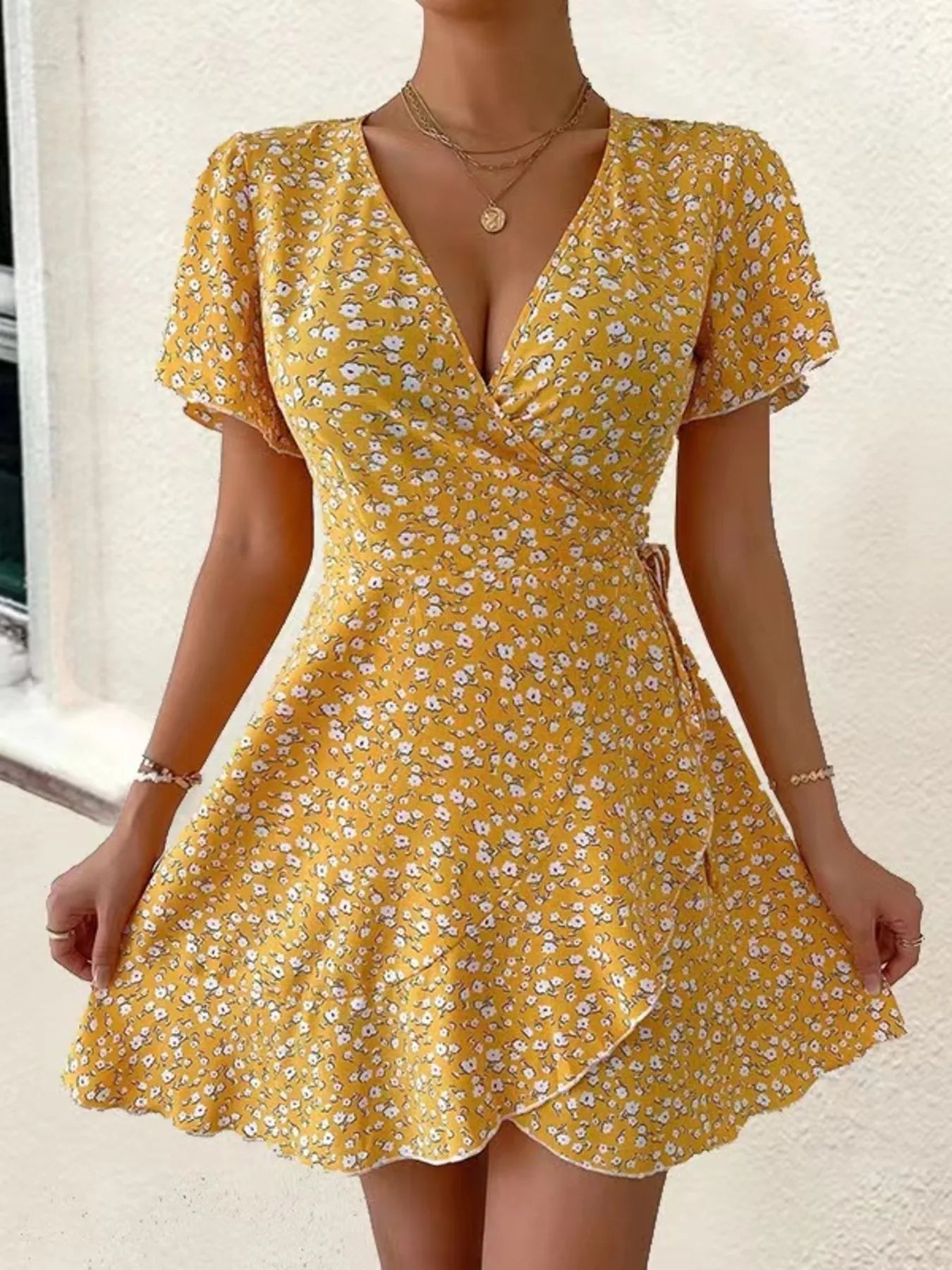 poplar flutter sleeve mini dress Floral Flutter Sleeve Wrap Mini Dress Burgundy / L