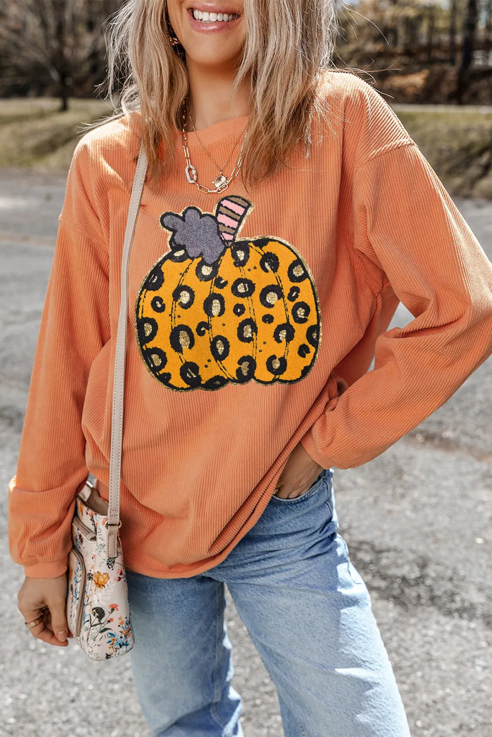 Pumpkin Round Neck Long Sleeve Sweatshirt - Charming Charlie