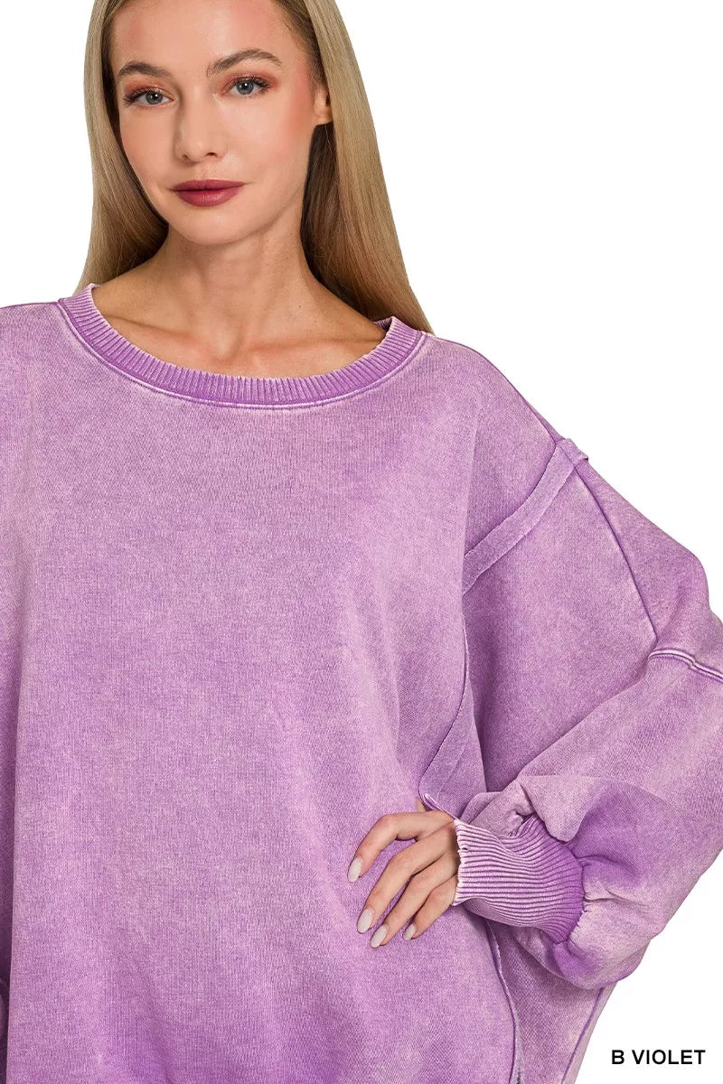 Zenana Acid Washed Batwing Sleeve Fleece Sweatshirt – Charming Charlie