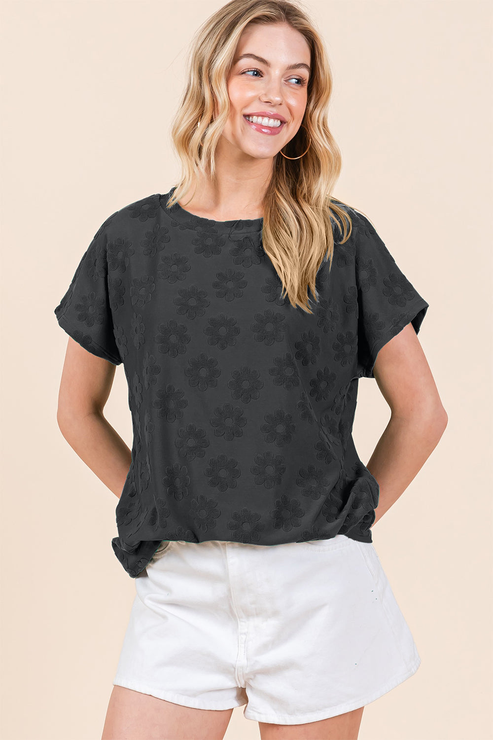 BOMBOM Textured Floral Pattern Short Sleeve T-Shirt - Charming Charlie