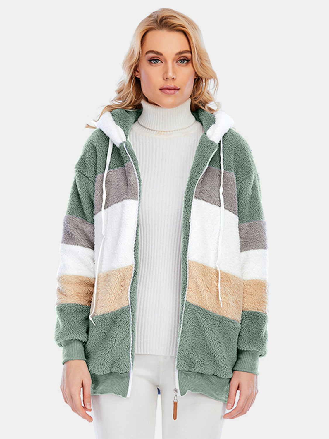 Full Size Drawstring Color Block Zip Up Hooded Outerwear - Charming Charlie