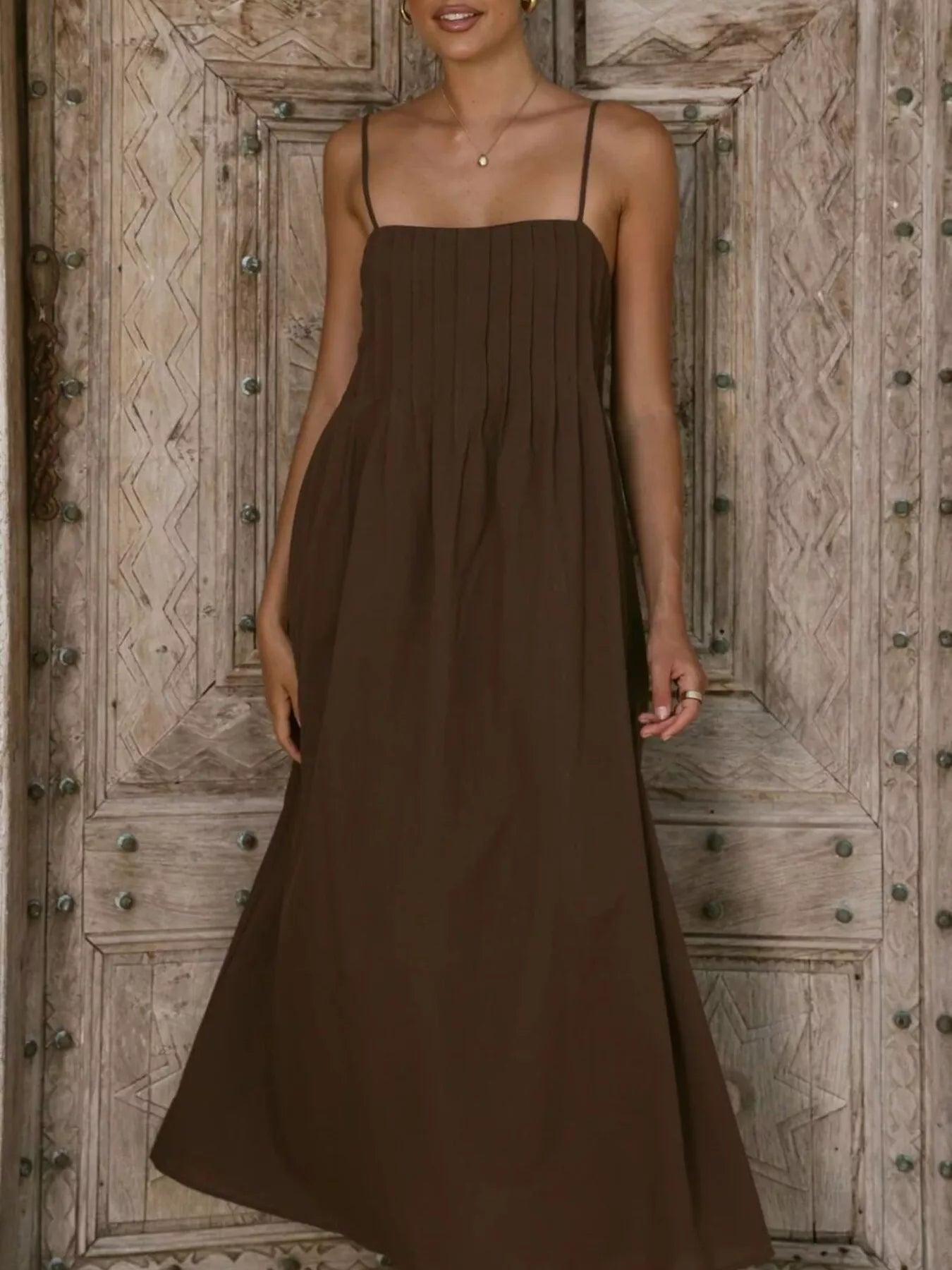 pleated bodice midi dress Pleated Bodice Midi Cami Dress Brown / XL