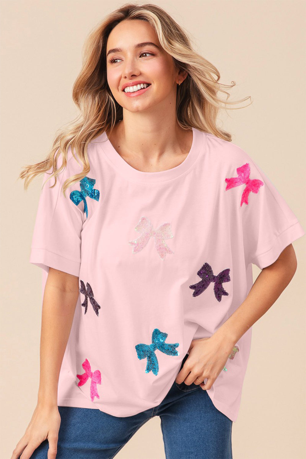 BiBi Sequin Bow Patch Short Sleeve T-Shirt – Charming Charlie