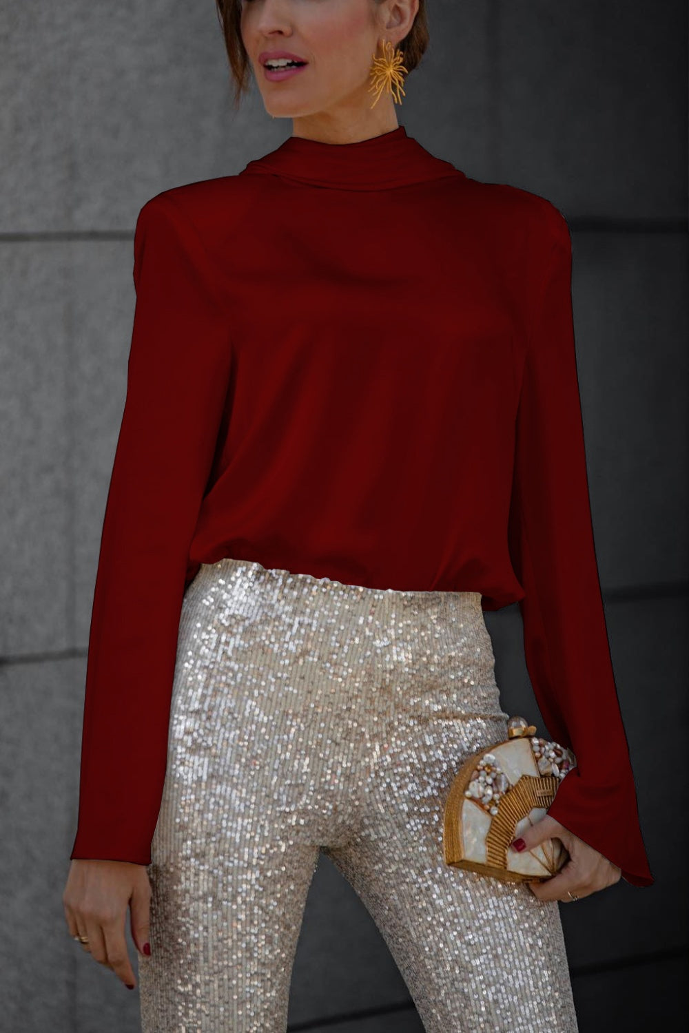 Backless Cowl Neck Long Sleeve Blouse - Charming Charlie