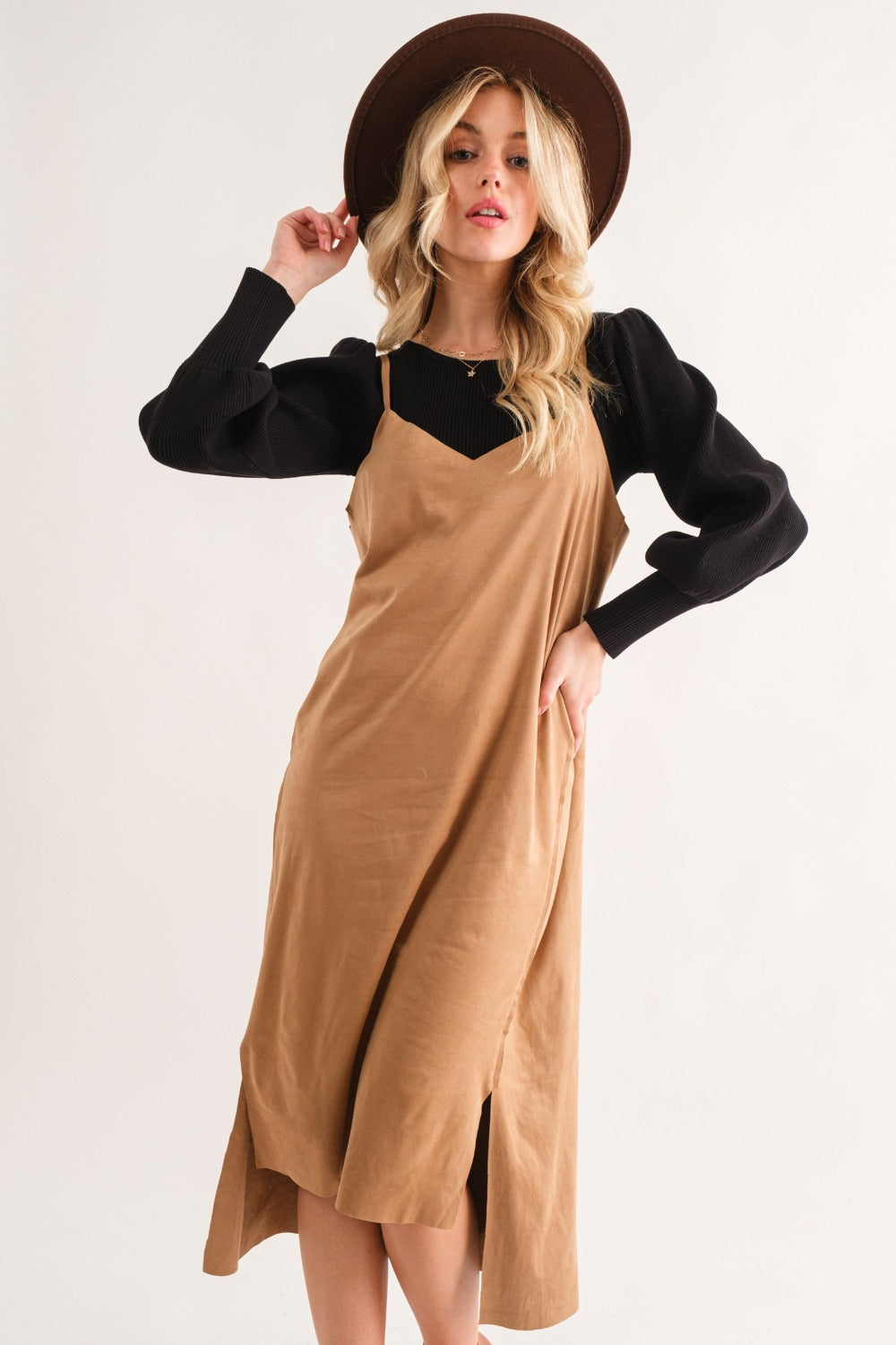 And The Why Faux Suede Cut Edge Slit Cami Midi Dress - Charming Charlie