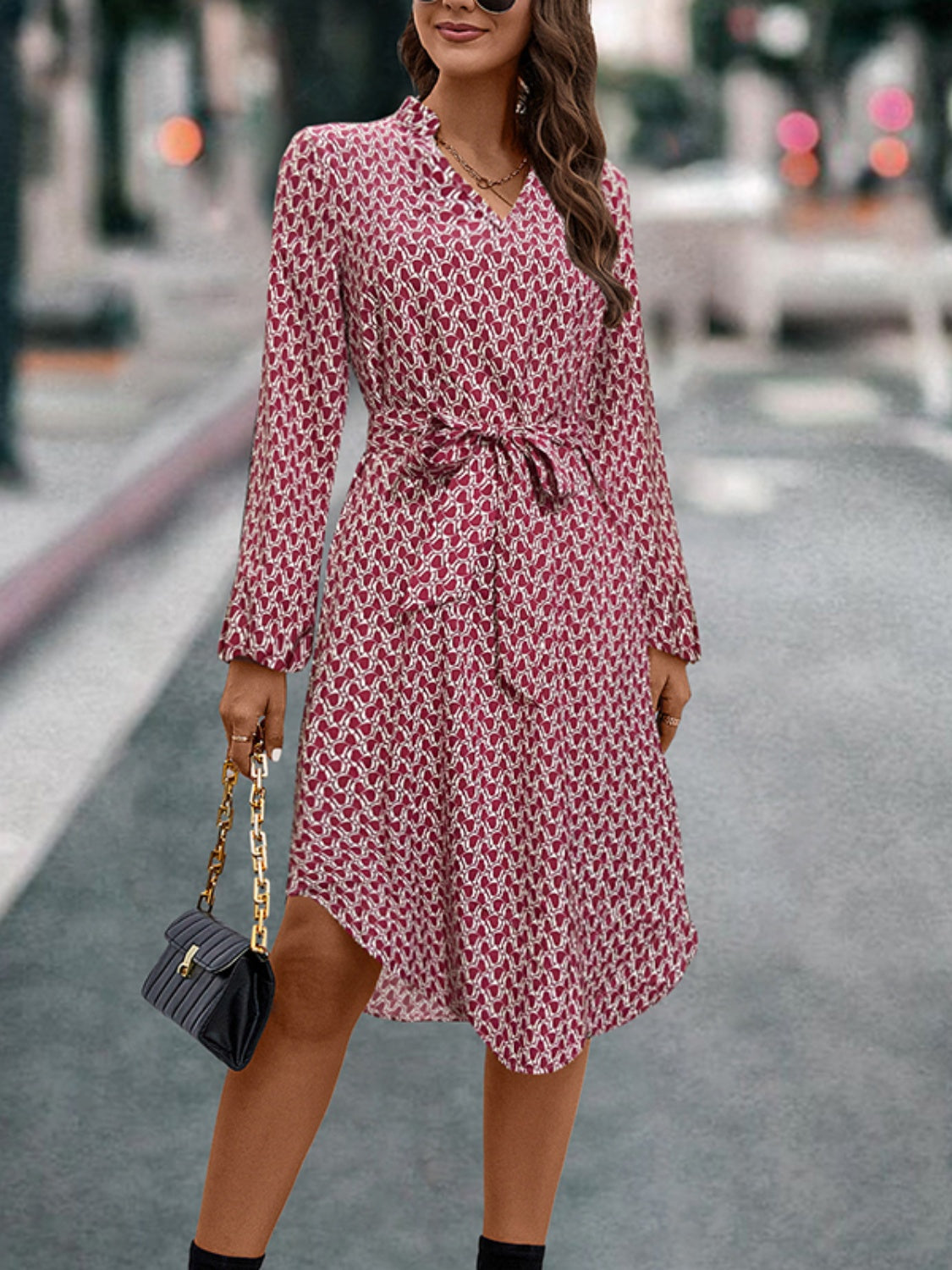 Tied Printed Notched Balloon Sleeve Dress - Charming Charlie
