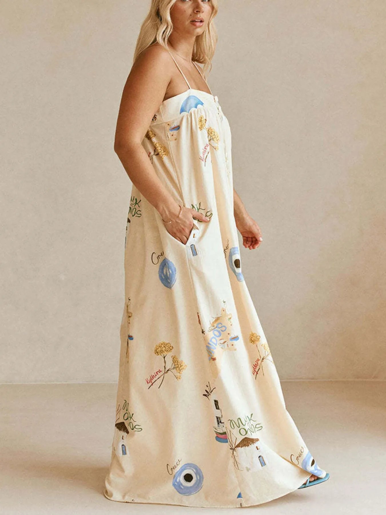 Bohemian Print Cami Maxi Dress with Pockets Beige / 2XL