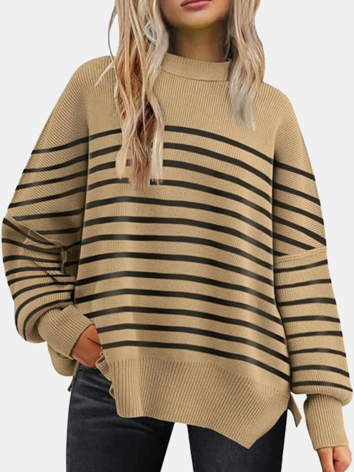 Round Neck Drop Shoulder Slit Sweater - Charming Charlie