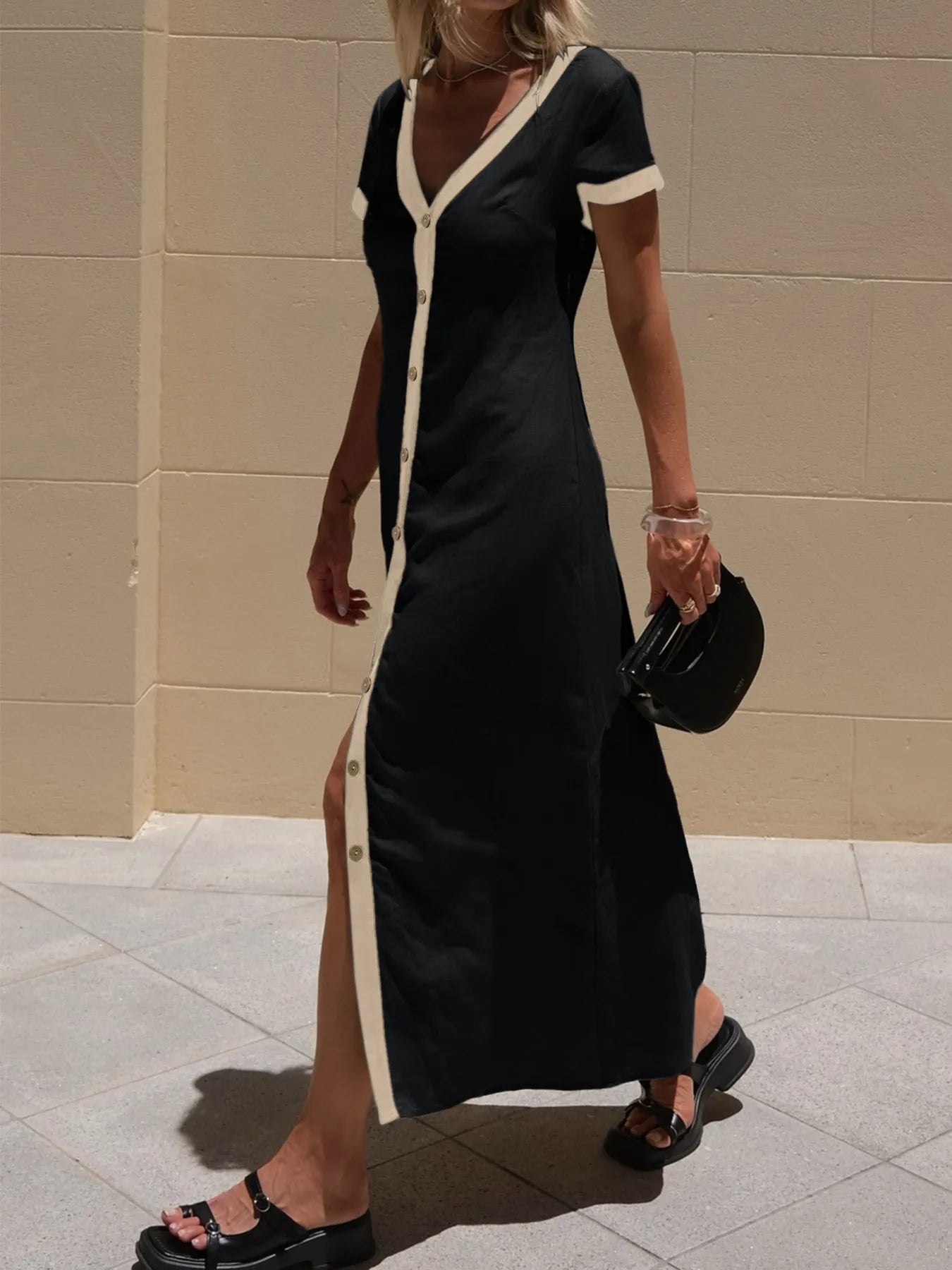 contrast trim midi dress Button-Front Contrast Trim Midi Dress Black / M