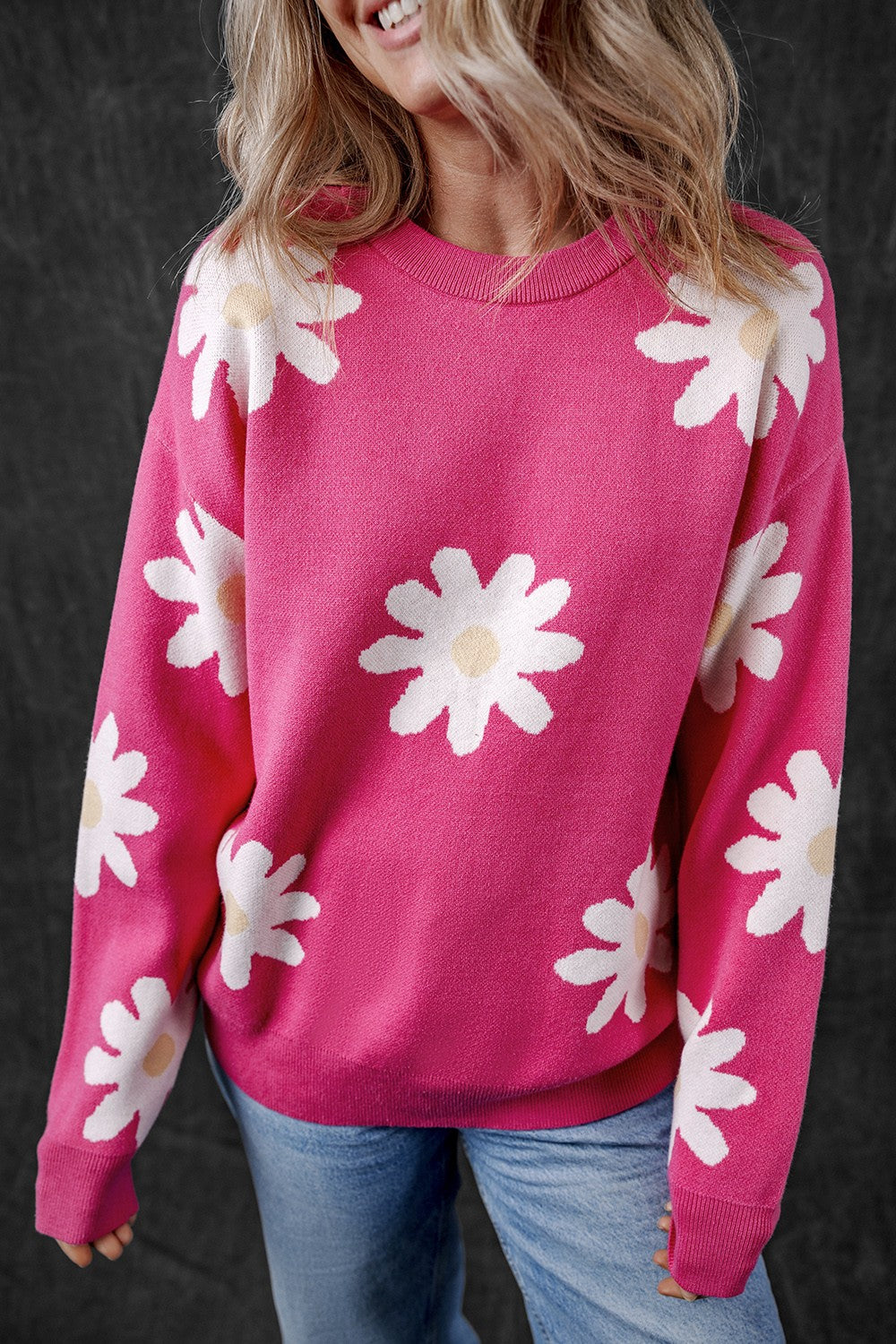 Daisy Round Neck Dropped Shoulder Sweater - Charming Charlie