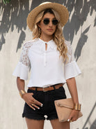 Lace Detail Tie Neck Half Sleeve Blouse - Charming Charlie