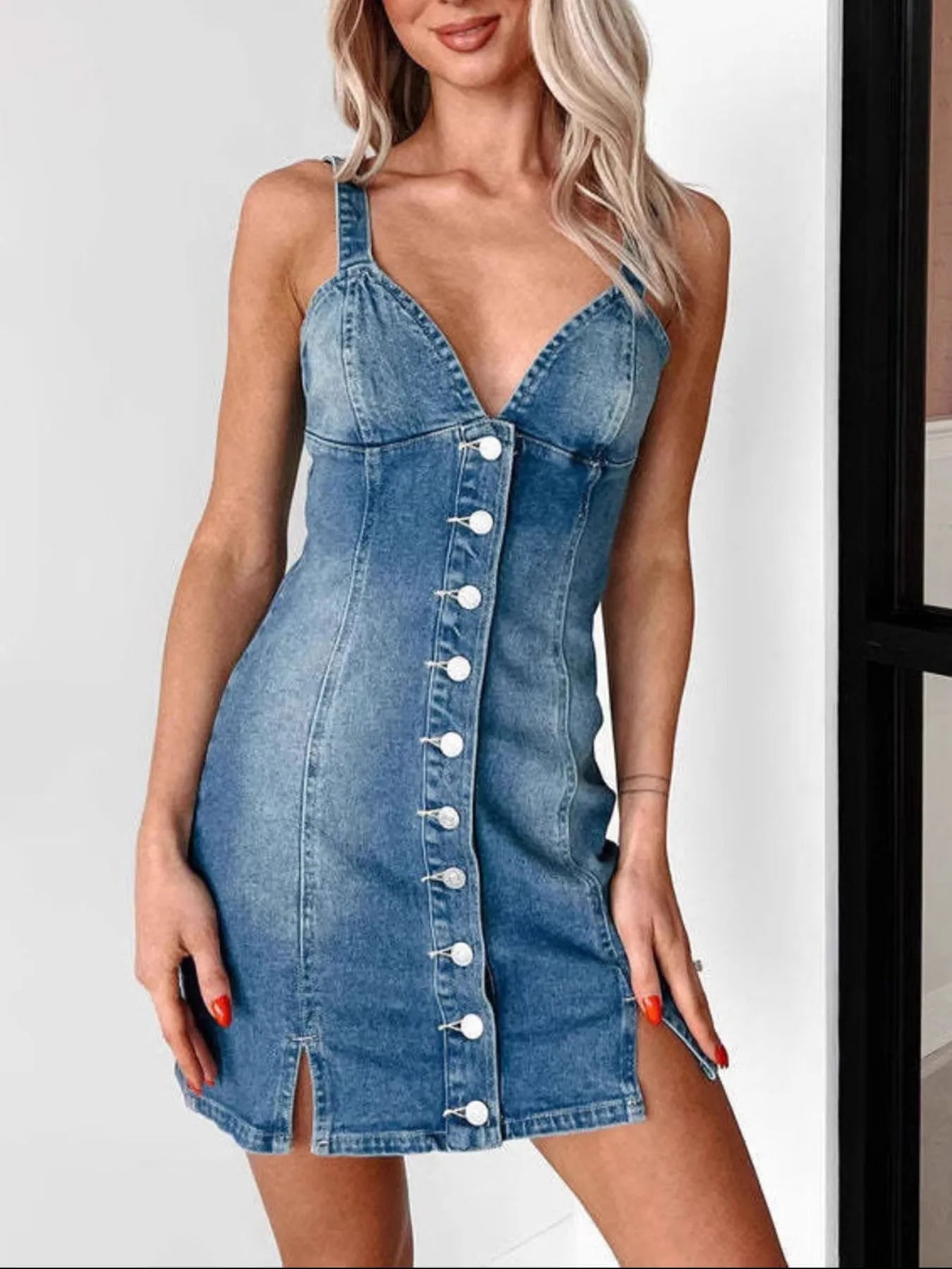 Button Front Sweetheart Neck Denim Mini Dress – Charming Charlie
