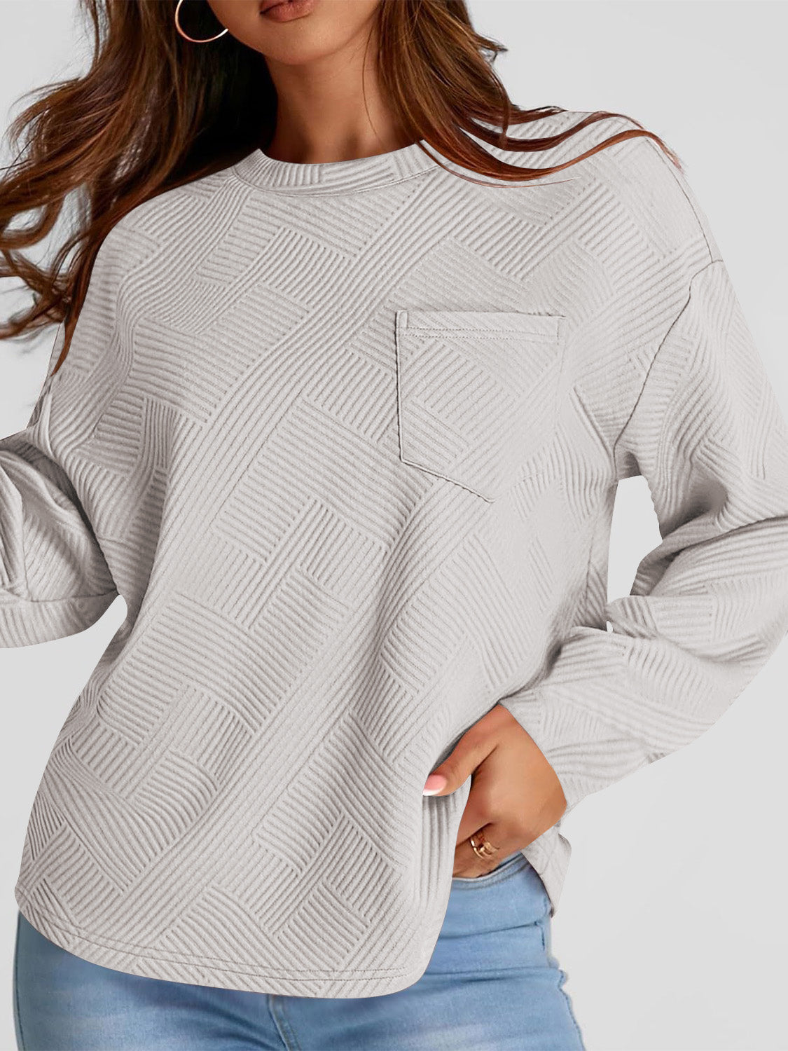 Full Size Texture Round Neck Long Sleeve Sweatshirt - Charming Charlie