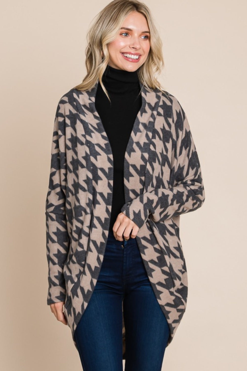 BOMBOM Houndstooth Open Front Cocoon Knit Cardigan - Charming Charlie
