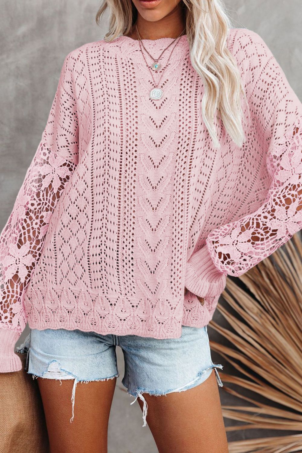 Openwork Round Neck Long Sleeve Sweater - Charming Charlie