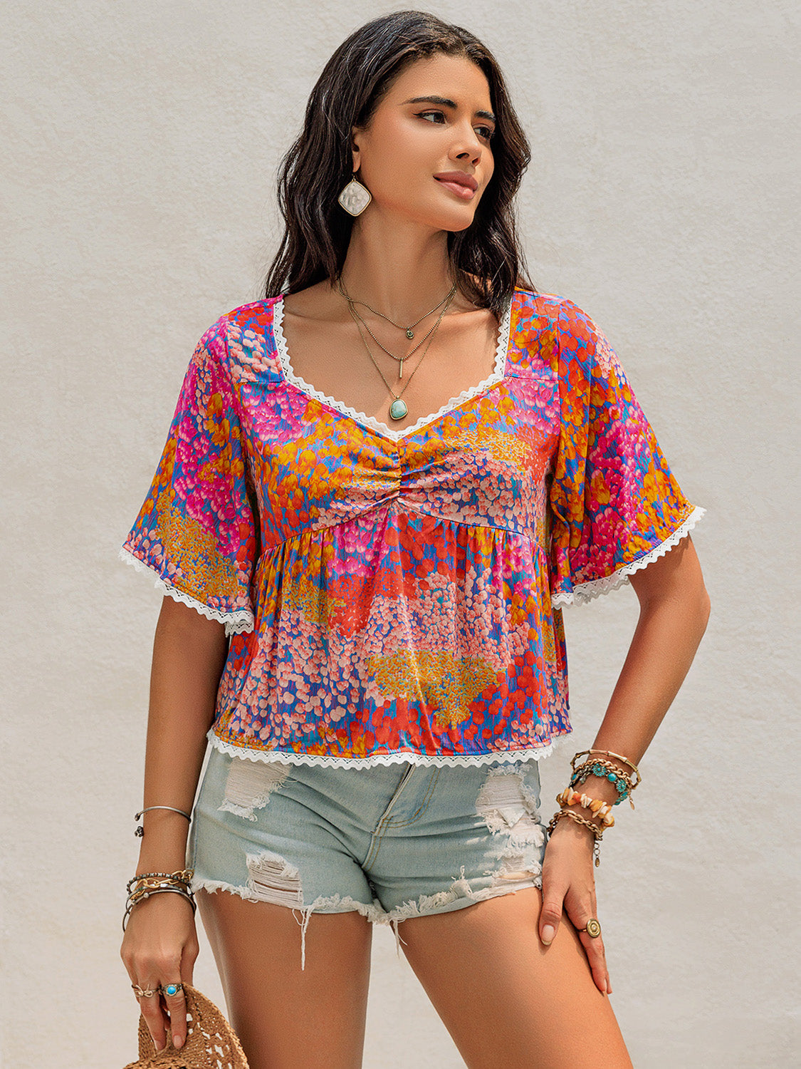 Ruched Printed Half Sleeve Blouse - Charming Charlie