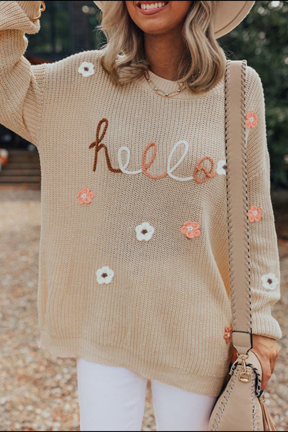 HELLO Flower Round Neck Long Sleeve Sweater - Charming Charlie