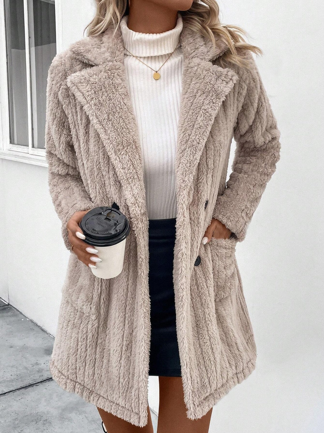 Fuzzy Button Up Long Sleeve Coat with Pockets - Charming Charlie