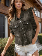Raw Hem Ruffled Cap Sleeve Denim Jacket - Charming Charlie