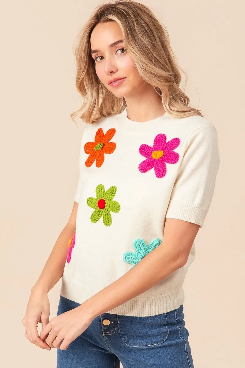 BiBi Crochet Flower Patch Sweater Top – Charming Charlie