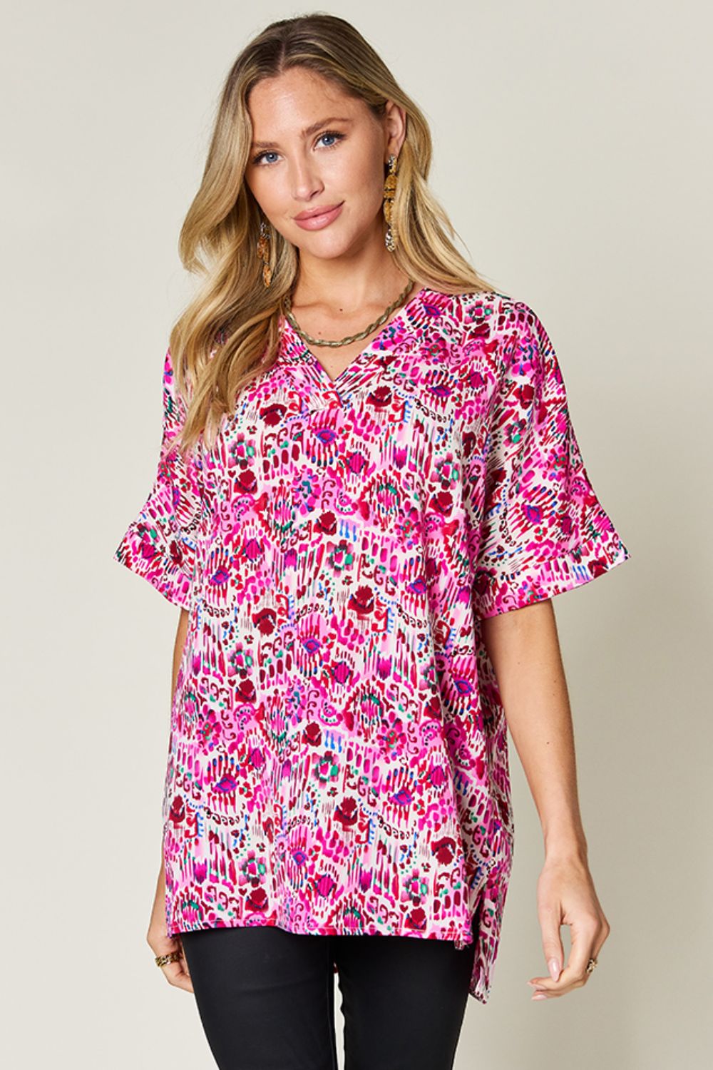 Double Take Full Size Printed V-Neck Short Sleeve Blouse - Charming Charlie