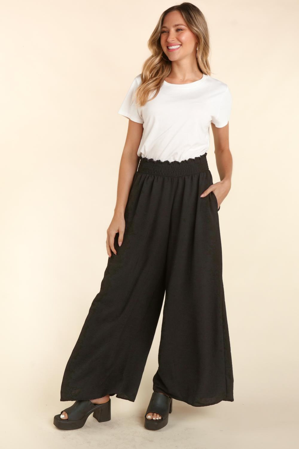 Haptics Elastic Waist Wide Leg Pants with Pockets - Charming Charlie