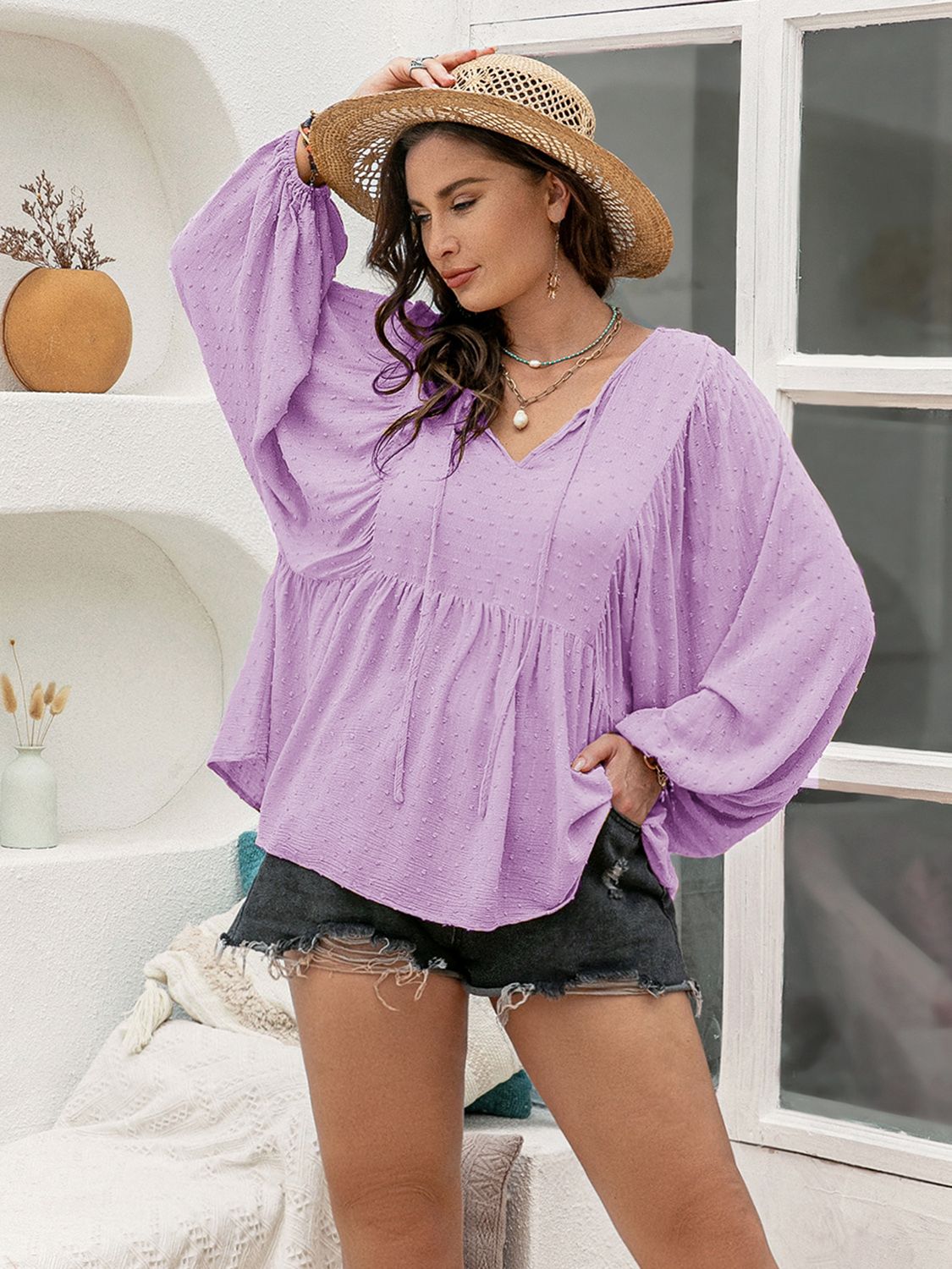 Plus Size Swiss Dot Tie Neck Long Sleeve Blouse – Charming Charlie